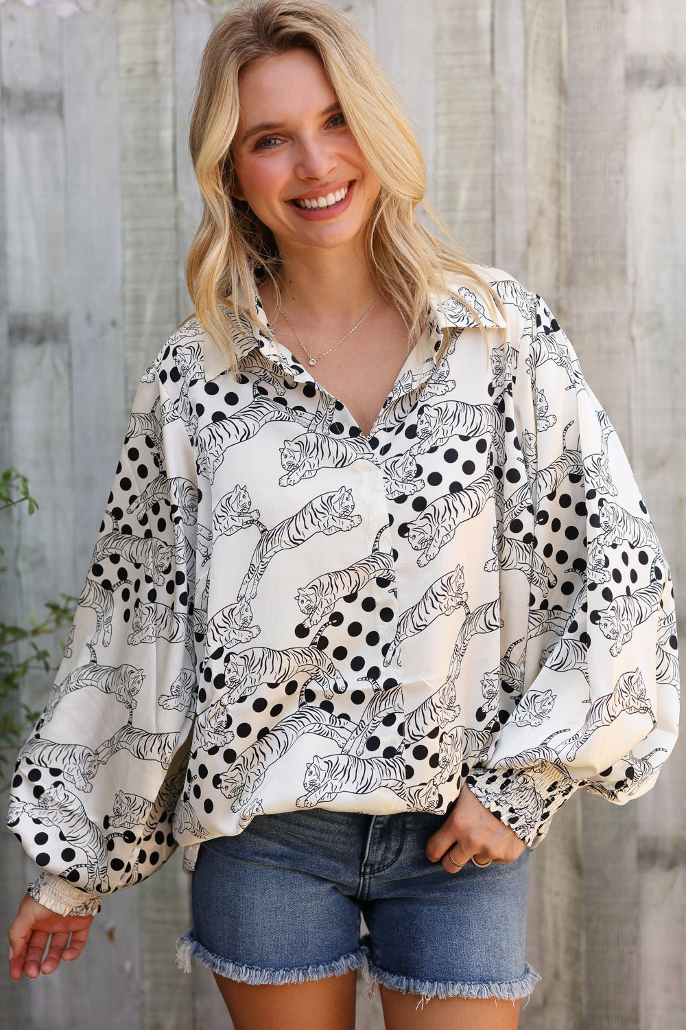 First Love Ivory Satin Button-Down Collared Long Sleeve Bouse