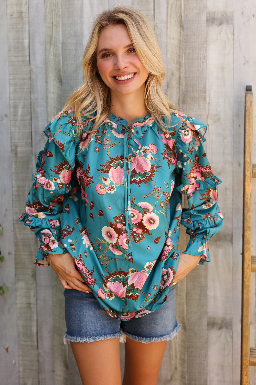First Love Aqua Satin Frill Neck Front Tie Ruffle Long Sleeve Blouse