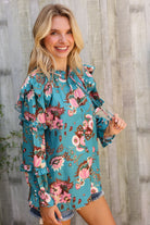 First Love Aqua Satin Frill Neck Front Tie Ruffle Long Sleeve Blouse