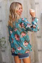 First Love Aqua Satin Frill Neck Front Tie Ruffle Long Sleeve Blouse