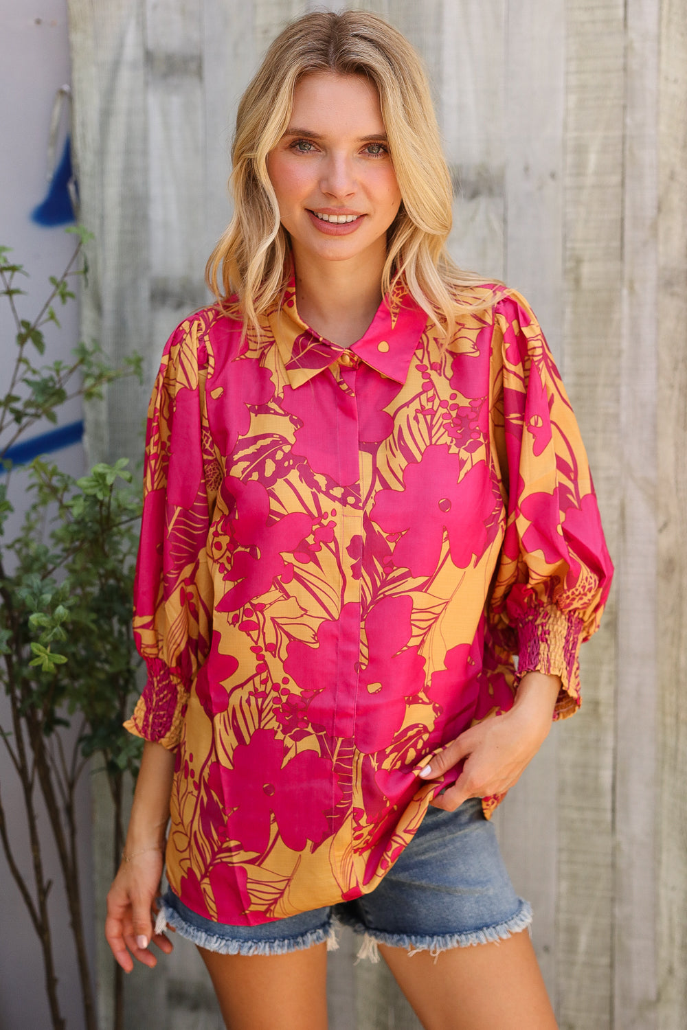 First Love Fuchsia & Gold Satin Button-Down Smock Long Sleeve Bouse