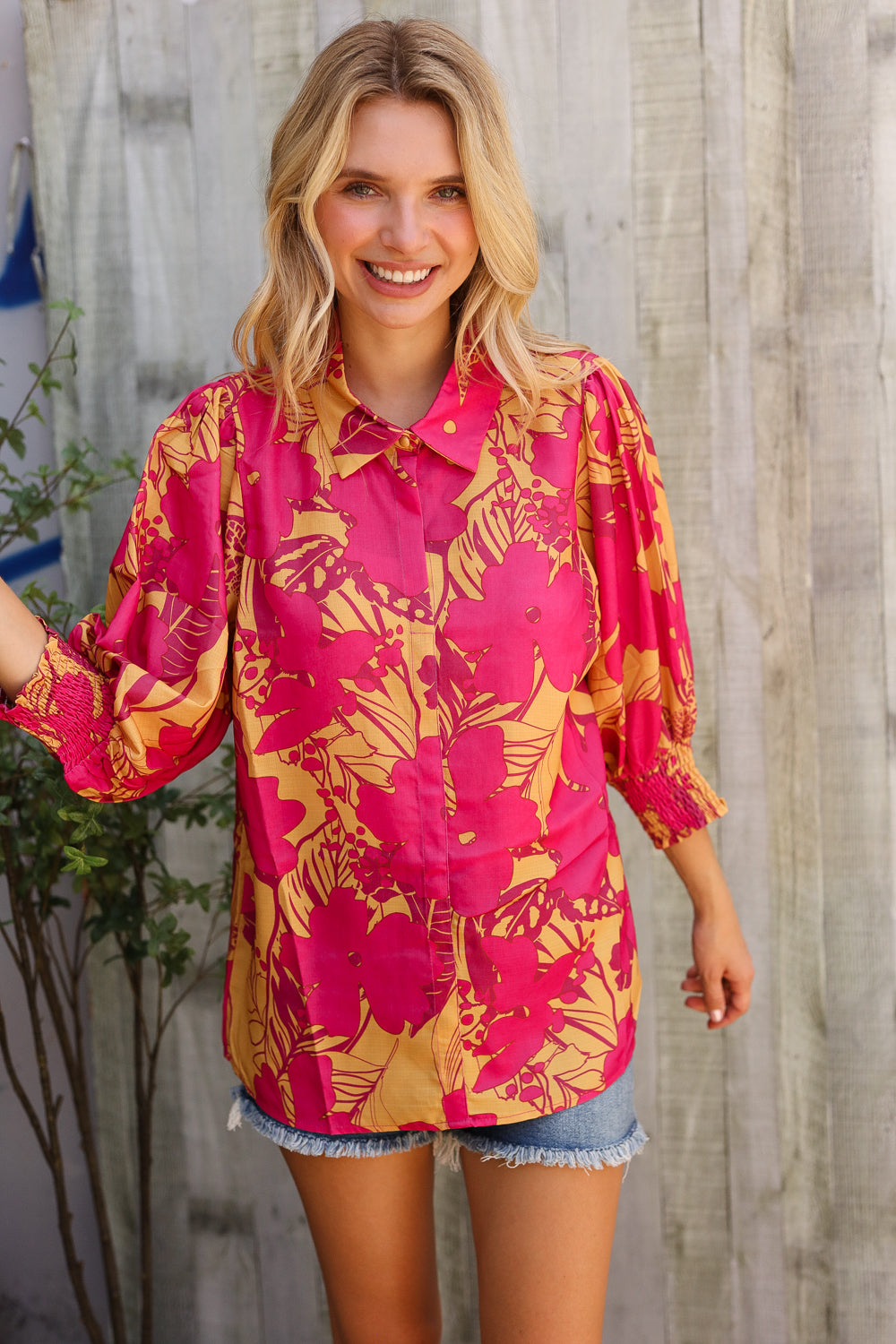 First Love Fuchsia & Gold Satin Button-Down Smock Long Sleeve Bouse
