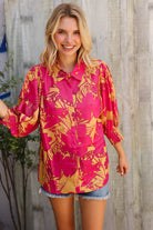 First Love Fuchsia & Gold Satin Button-Down Smock Long Sleeve Bouse