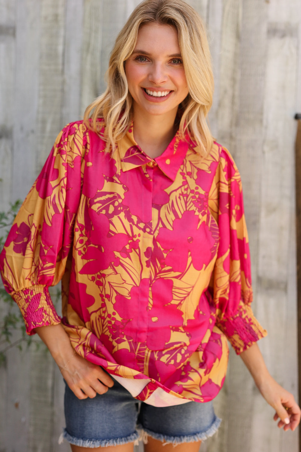 First Love Fuchsia & Gold Satin Button-Down Smock Long Sleeve Bouse Large