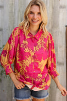 First Love Fuchsia & Gold Satin Button-Down Smock Long Sleeve Bouse Large