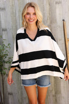 First Love Black/White Stripe Dolman Notch Neck Sweater Poncho