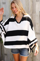 First Love Black/White Stripe Dolman Notch Neck Sweater Poncho