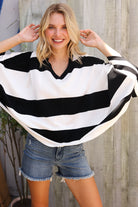 First Love Black/White Stripe Dolman Notch Neck Sweater Poncho