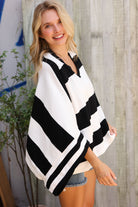 First Love Black/White Stripe Dolman Notch Neck Sweater Poncho