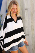 First Love Black/White Stripe Dolman Notch Neck Sweater Poncho
