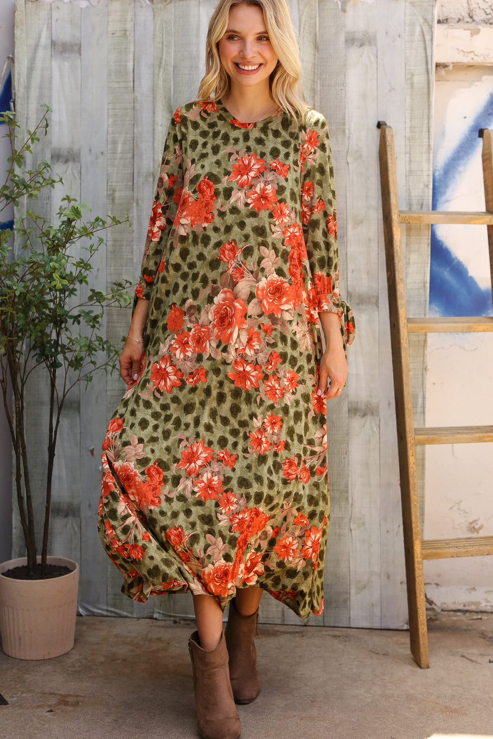 Haptics Round Neck Animal Floral Print Tie Bow Sleeve Midi Dress