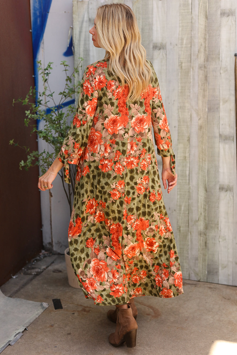 Haptics Round Neck Animal Floral Print Tie Bow Sleeve Midi Dress
