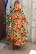 Haptics Round Neck Animal Floral Print Tie Bow Sleeve Midi Dress