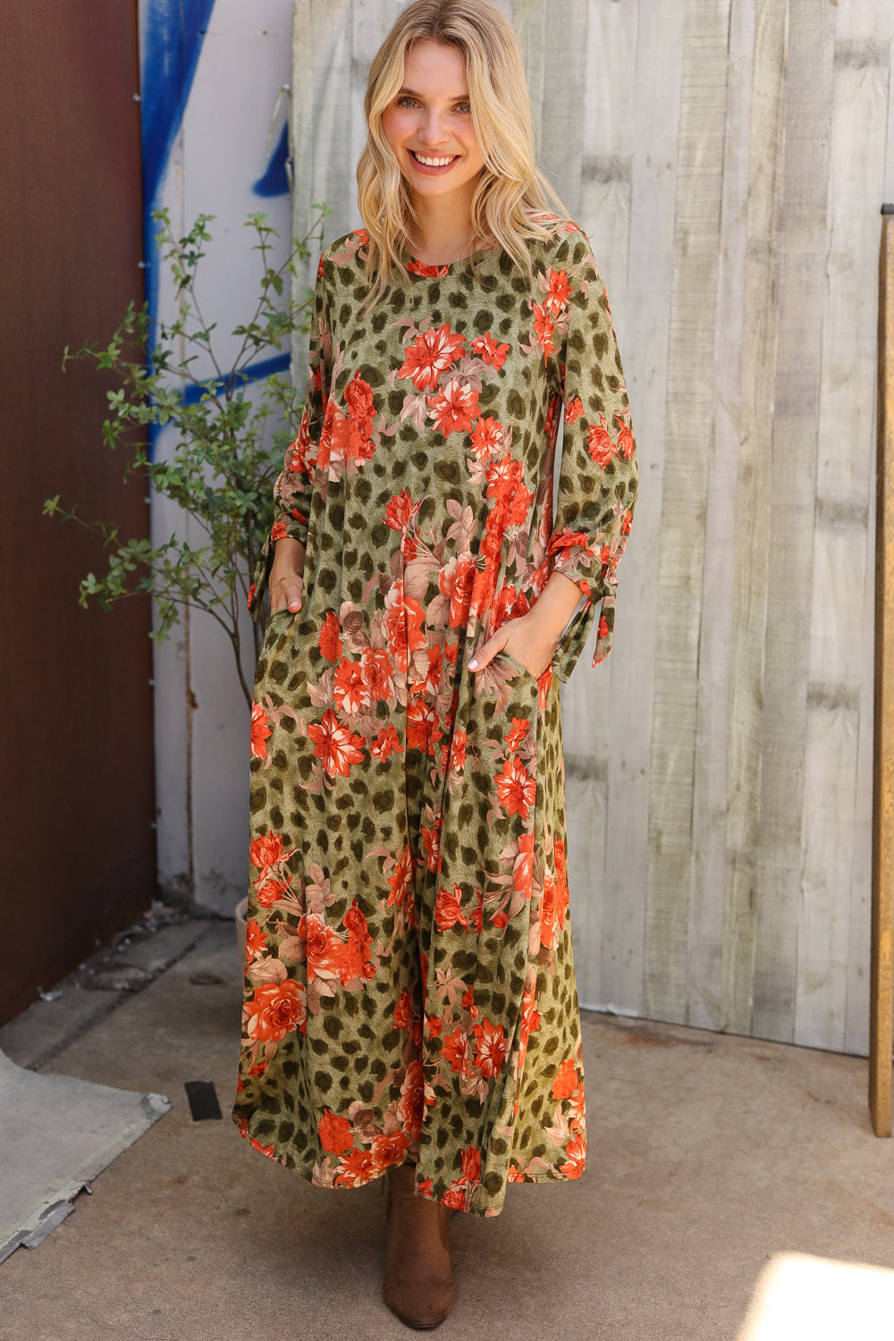 Haptics Round Neck Animal Floral Print Tie Bow Sleeve Midi Dress