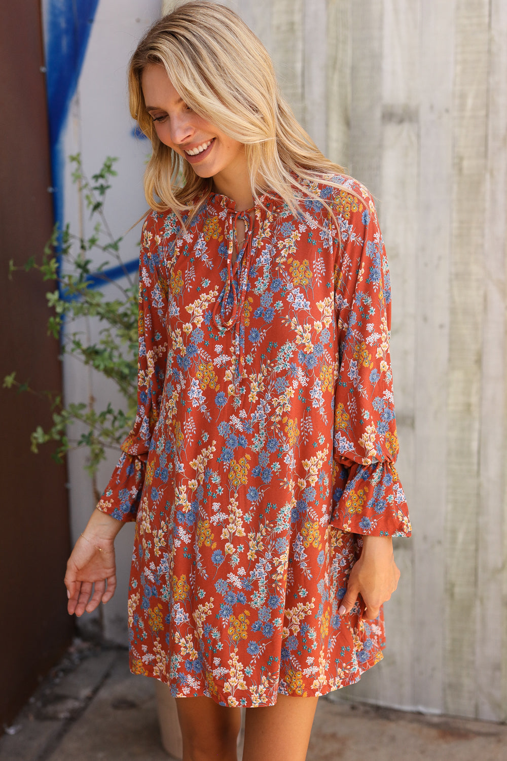 Beeson River Cinnamin Floral Ruffle Sleeve Ribbon Tie Swing Dress