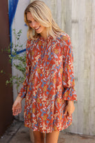 Beeson River Cinnamin Floral Ruffle Sleeve Ribbon Tie Swing Dress