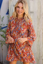 Beeson River Cinnamin Floral Ruffle Sleeve Ribbon Tie Swing Dress
