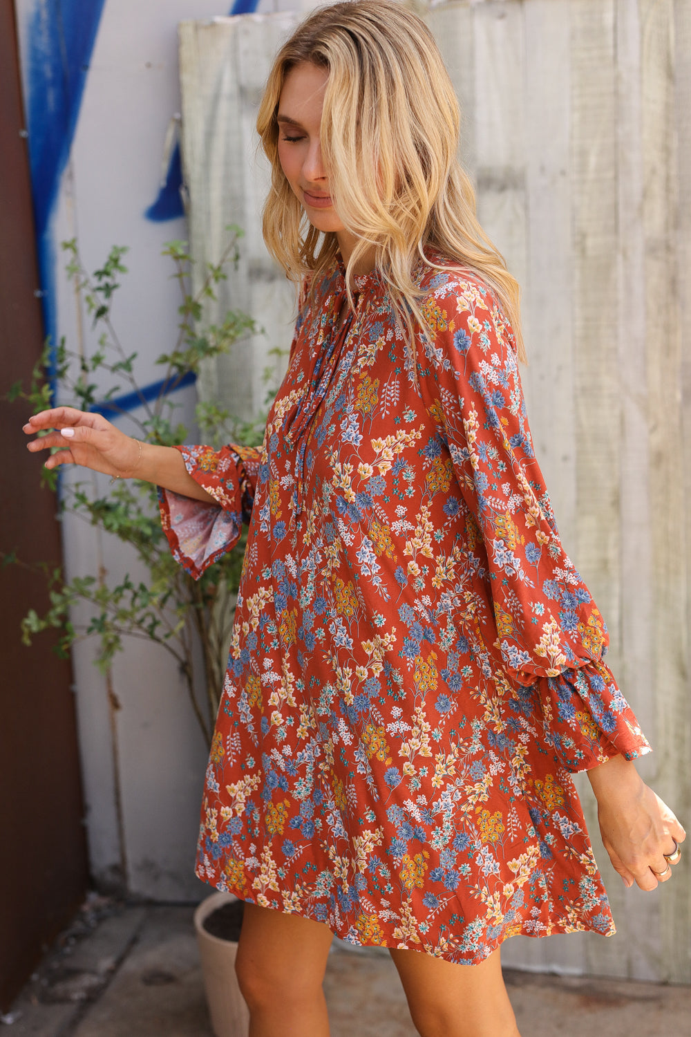 Beeson River Cinnamin Floral Ruffle Sleeve Ribbon Tie Swing Dress