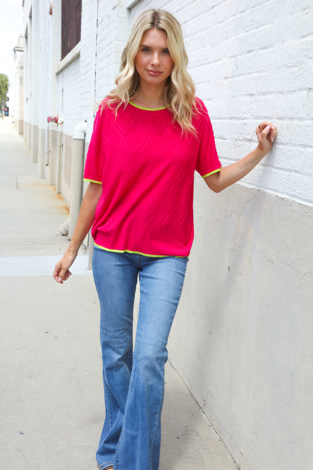 First Love Rose & Lime Pointelle Knit Short Sleeve Sweater Top