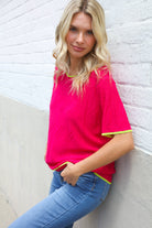 First Love Rose & Lime Pointelle Knit Short Sleeve Sweater Top