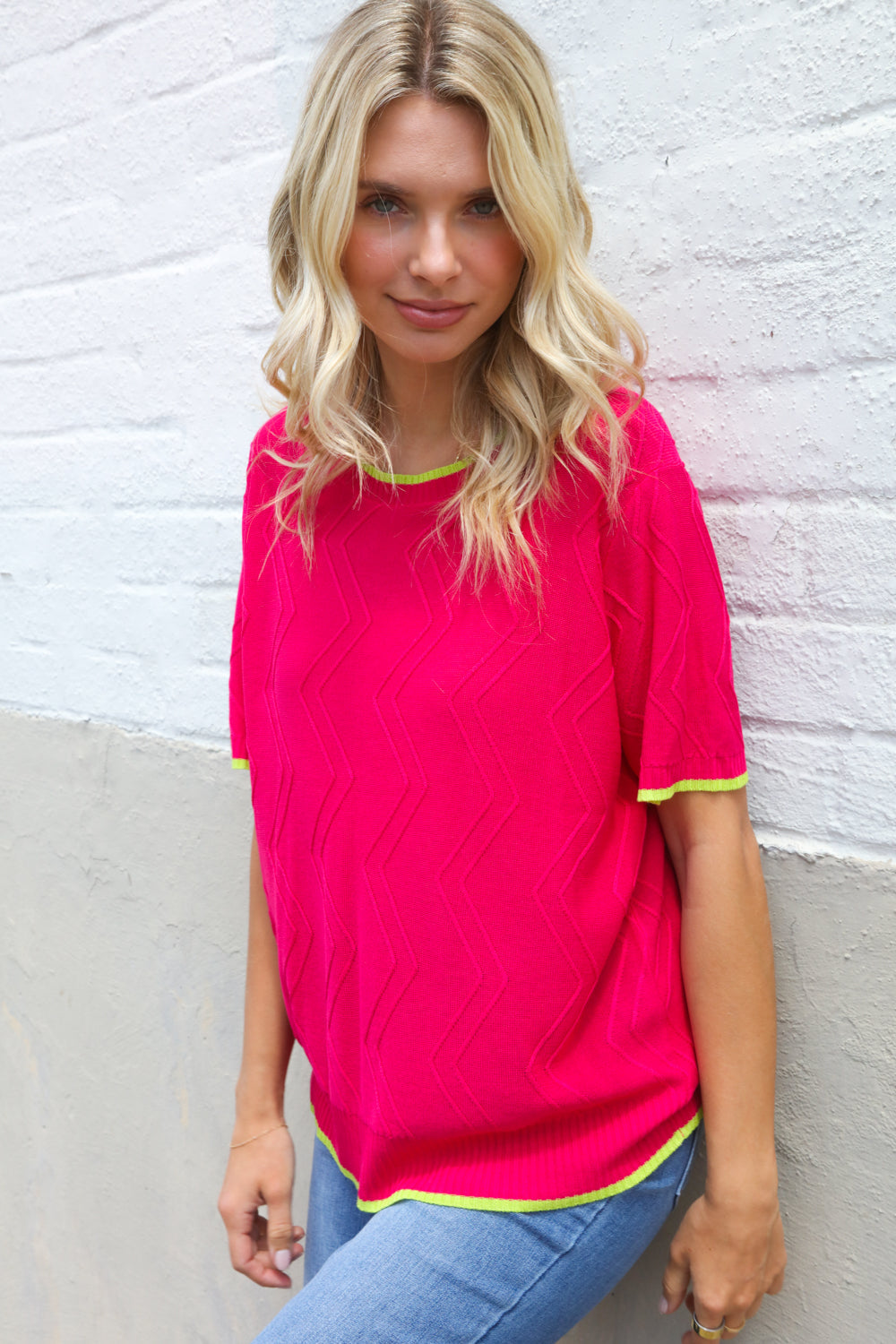 First Love Rose & Lime Pointelle Knit Short Sleeve Sweater Top