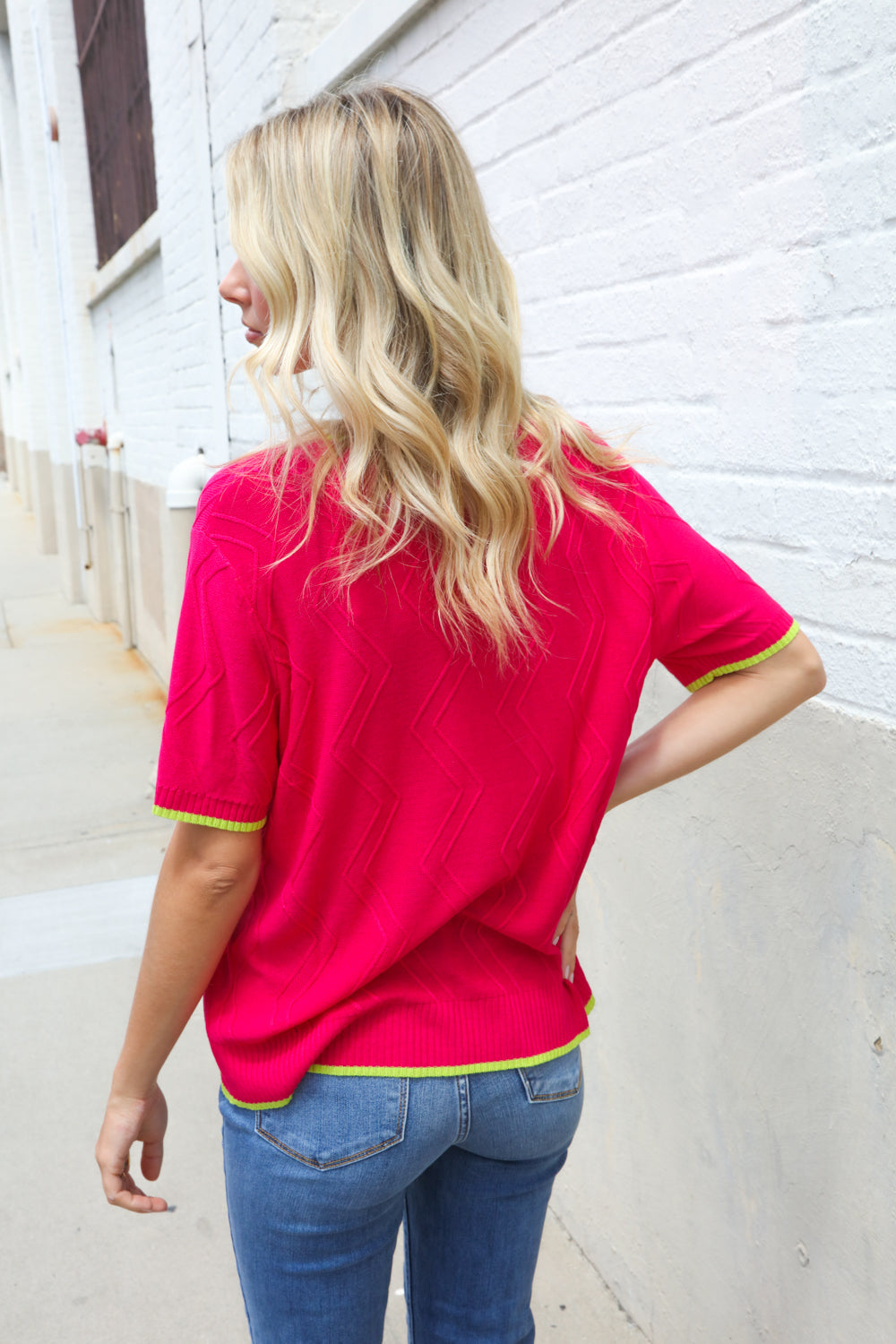 First Love Rose & Lime Pointelle Knit Short Sleeve Sweater Top
