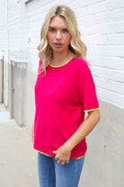 First Love Rose & Lime Pointelle Knit Short Sleeve Sweater Top