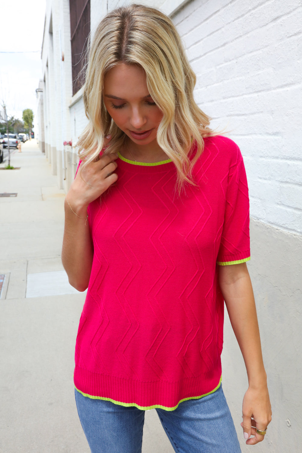 First Love Rose & Lime Pointelle Knit Short Sleeve Sweater Top