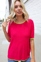 First Love Rose & Lime Pointelle Knit Short Sleeve Sweater Top