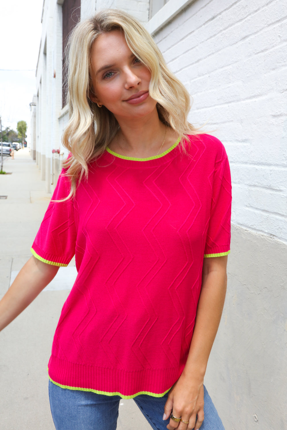 First Love Rose & Lime Pointelle Knit Short Sleeve Sweater Top