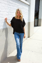 First Love Black Loose Knit Dolman Top/Coverup with Crochet Details