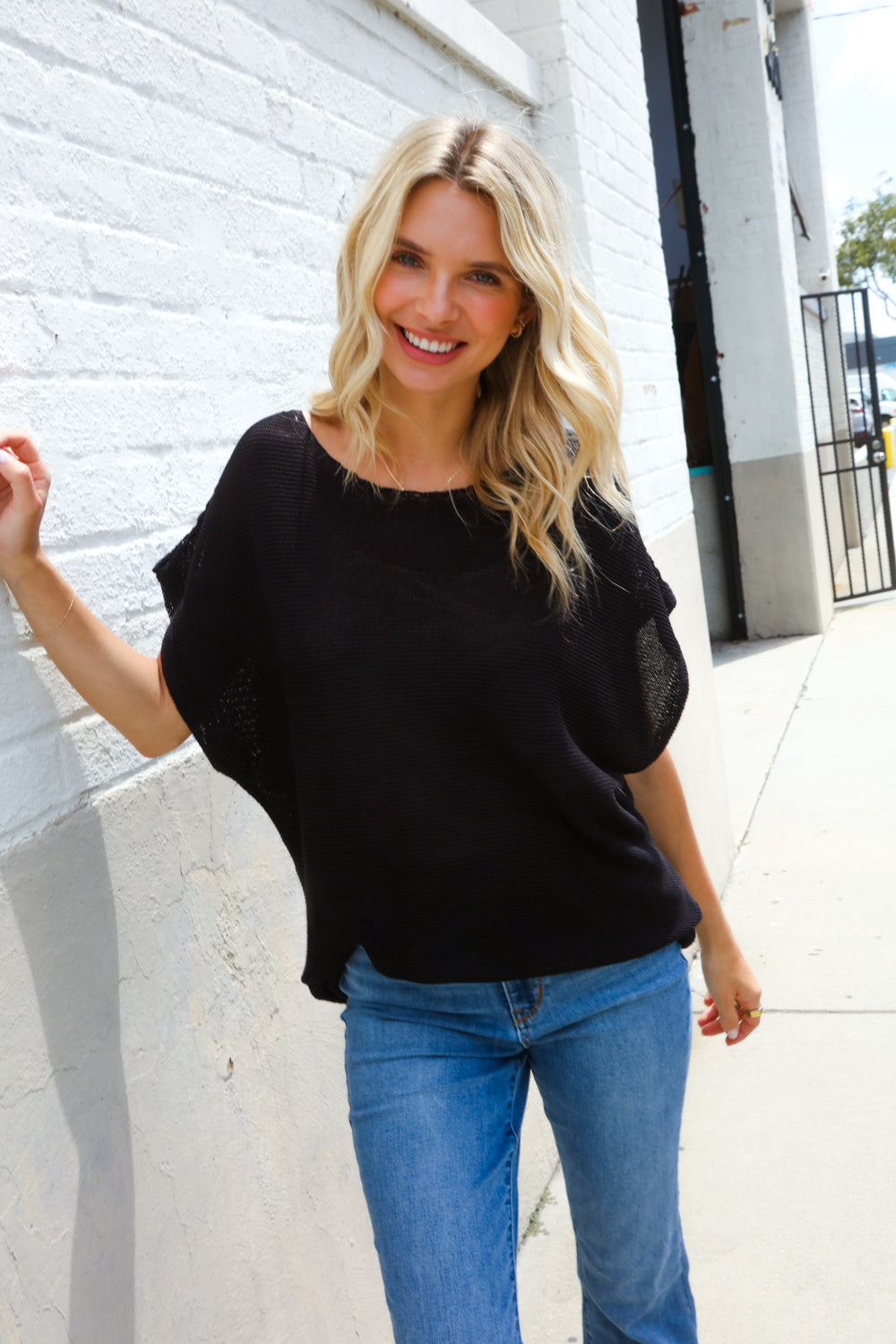 First Love Black Loose Knit Dolman Top/Coverup with Crochet Details