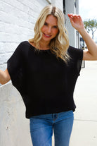 First Love Black Loose Knit Dolman Top/Coverup with Crochet Details