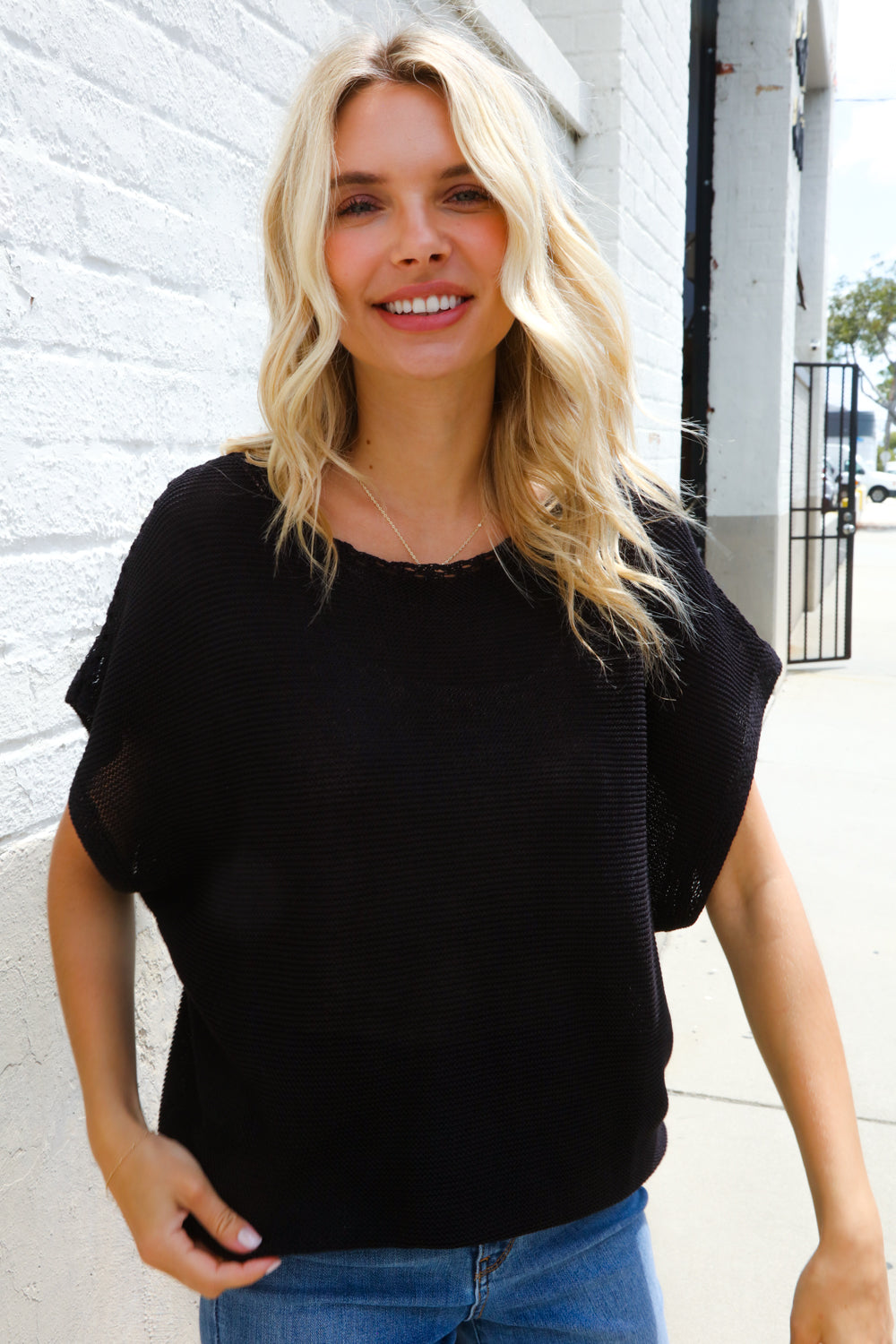First Love Black Loose Knit Dolman Top/Coverup with Crochet Details