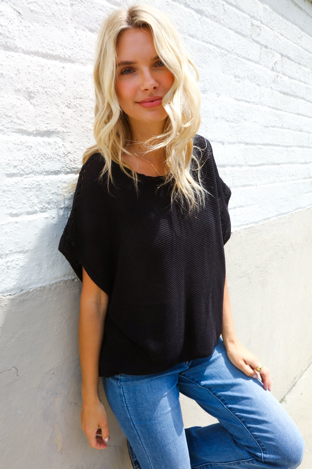 First Love Black Loose Knit Dolman Top/Coverup with Crochet Details