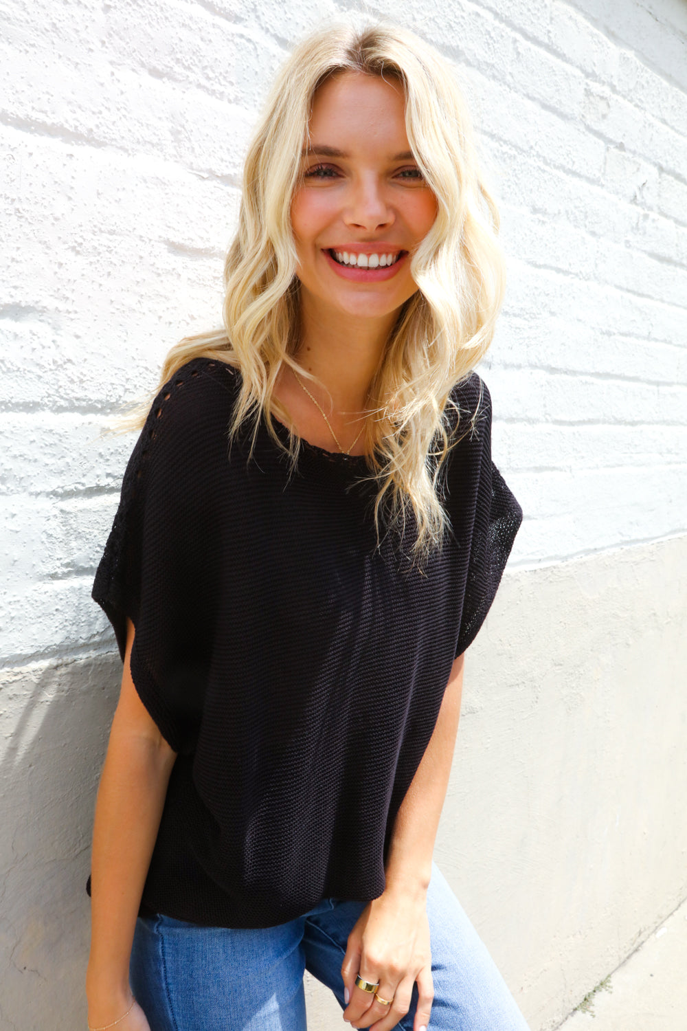 First Love Black Loose Knit Dolman Top/Coverup with Crochet Details
