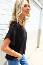 First Love Black Loose Knit Dolman Top/Coverup with Crochet Details