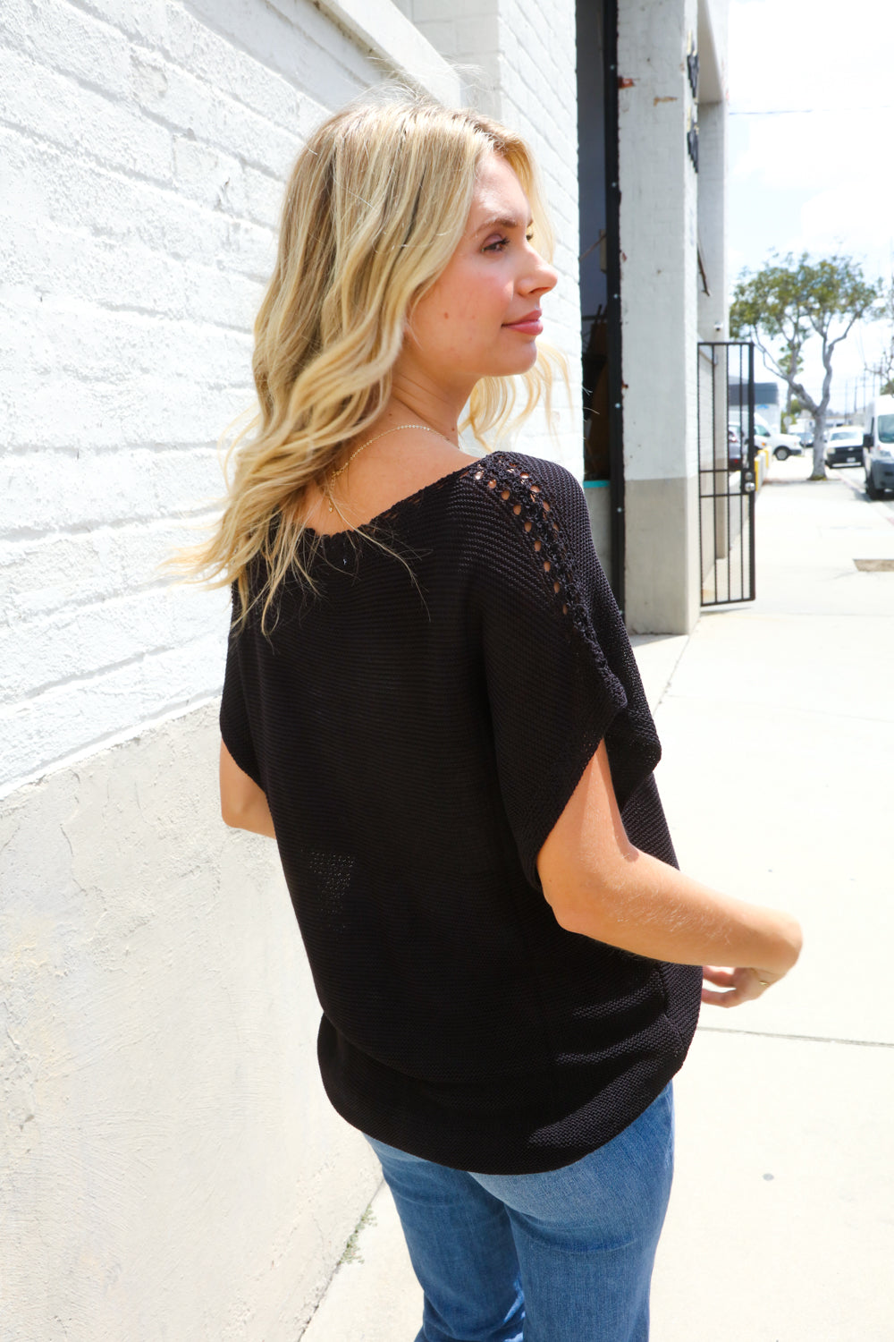 First Love Black Loose Knit Dolman Top/Coverup with Crochet Details