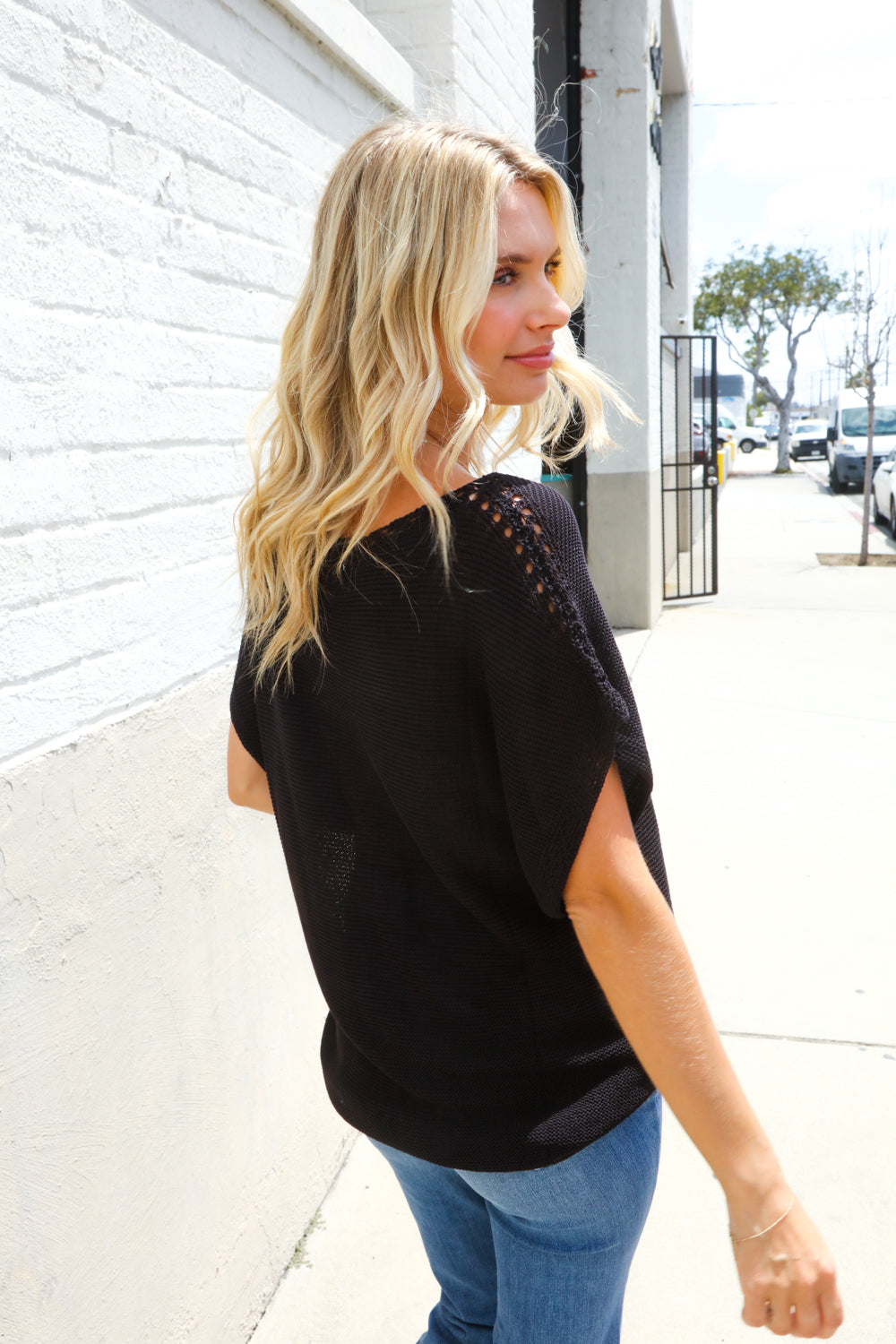 First Love Black Loose Knit Dolman Top/Coverup with Crochet Details