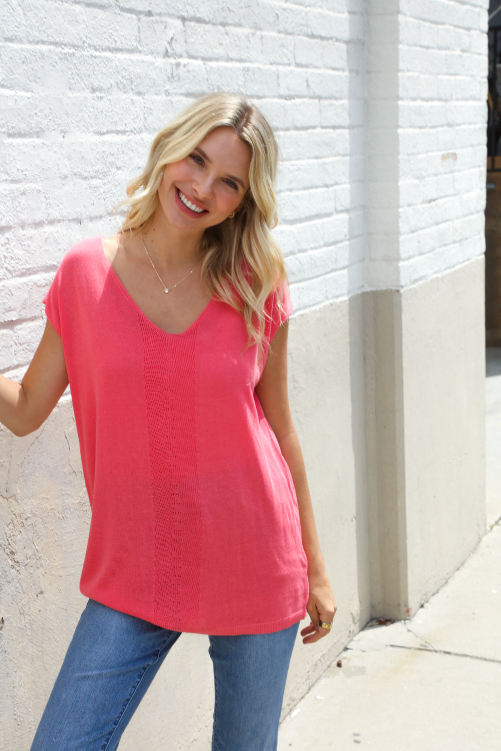 First Love Coral Relaxed Fit Jacquard Knitted Top