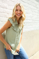 First Love Olive Linen Ruffle Collar Botton Down Top