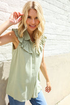 First Love Olive Linen Ruffle Collar Botton Down Top