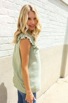 First Love Olive Linen Ruffle Collar Botton Down Top