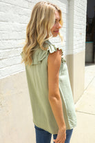 First Love Olive Linen Ruffle Collar Botton Down Top