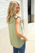First Love Olive Linen Ruffle Collar Botton Down Top