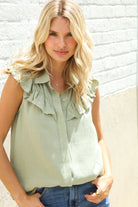 First Love Olive Linen Ruffle Collar Botton Down Top