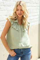 First Love Olive Linen Ruffle Collar Botton Down Top Large