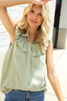 First Love Olive Linen Ruffle Collar Botton Down Top