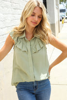 First Love Olive Linen Ruffle Collar Botton Down Top
