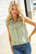 First Love Olive Linen Ruffle Collar Botton Down Top